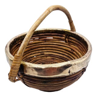 Gabriella Crespi Style Coiled Rattan Bowl With Brass Trim For Sale