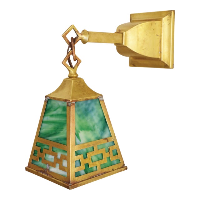 Early 20th Century Arts Crafts Craftsman Key Trim Brass Green Stained Glass Hanging Pendant Sconce Lamp For Sale