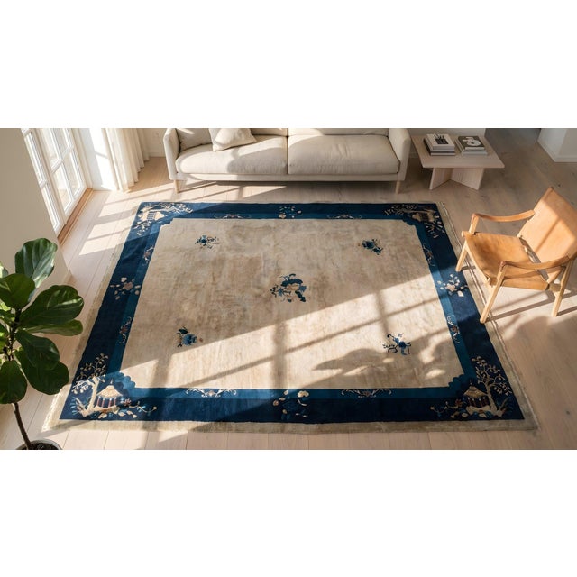 1930s Beige Floral Antique Chinese Peking Rug 8'0"x 9'8" Handknotted Wool Carpet For Sale In New York - Image 6 of 7