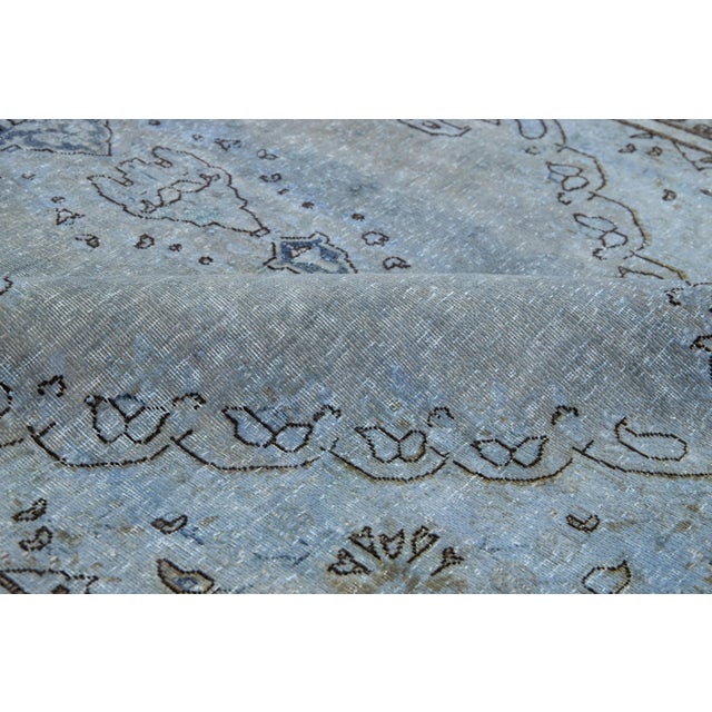 Floral Designed Persian Overdyed Wool Rug in Blue and Gray For Sale - Image 4 of 9