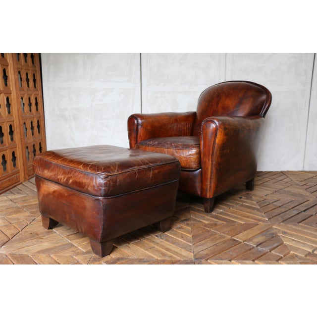 Art Deco Vintage Leather Club Chair With Ottoman, Circa 1980s For Sale - Image 3 of 18