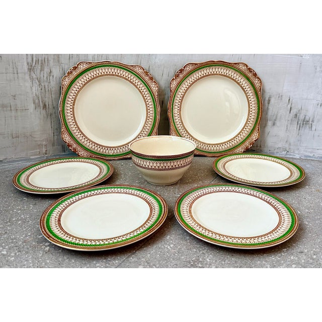Ceramic Early 20th Century Rare Antique English Bone China J & G Meakin Westminster Pattern, Intricate Green & Gold Band on a Cream Ground- Set of 7 For Sale - Image 7 of 12
