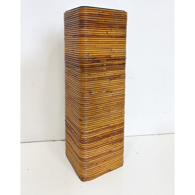 Late 20th Century Vintage Pencil Reed Rattan Pedestal With Black Glass For Sale - Image 5 of 6