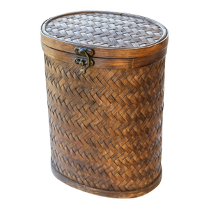 Tropical Tiki Style Oval Dark Brown Wicker Knitting Sewing Basket Storage Container With Hinged Lid