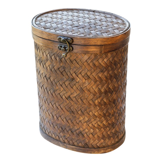 Vintage Tropical Tiki Style Oval Dark Brown Wicker Knitting Sewing Basket With Hinged Lid For Sale