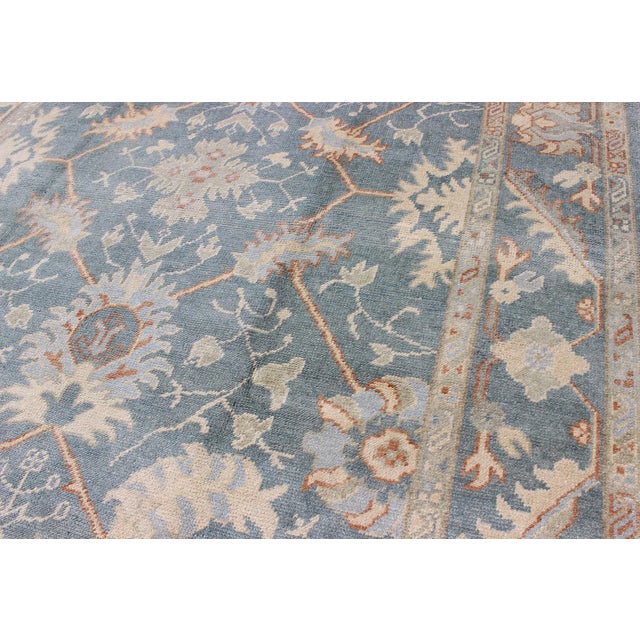 Turkish Oushak Rug With Floral Design in Light Steel Blue and Coral Accent For Sale In Atlanta - Image 6 of 12