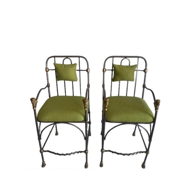 Mid-Century Modern Mid 20th Century Mid Century Modern Hollywood Regency Neoclassical Lion Head Solid Bronze Counter Stools Attributed to Giacometti - a Pair For Sale - Image 3 of 9