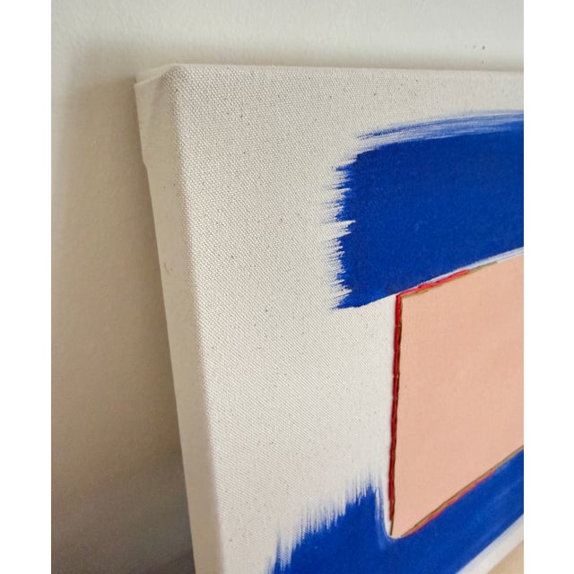 Contemporary Original Painting | Peach and Cobalt Blue Mixed-Media Abstract Painting, 14 X 14 In. For Sale - Image 3 of 4