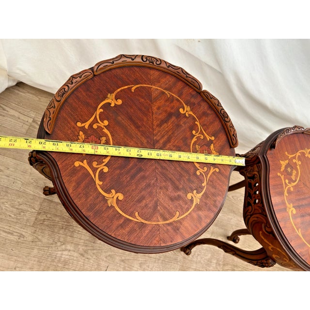 1930s Two French Side Tables, Display, Nightstands, Round Top Floral Marquetry For Sale - Image 11 of 13