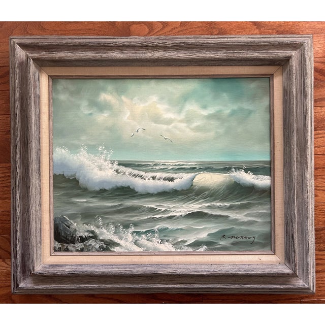 Mid Century Seascape Oil Painting in Rustic Wood Frame
