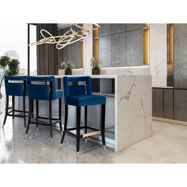 Hart Navy Velvet Bar Stool For Sale In Los Angeles - Image 6 of 7