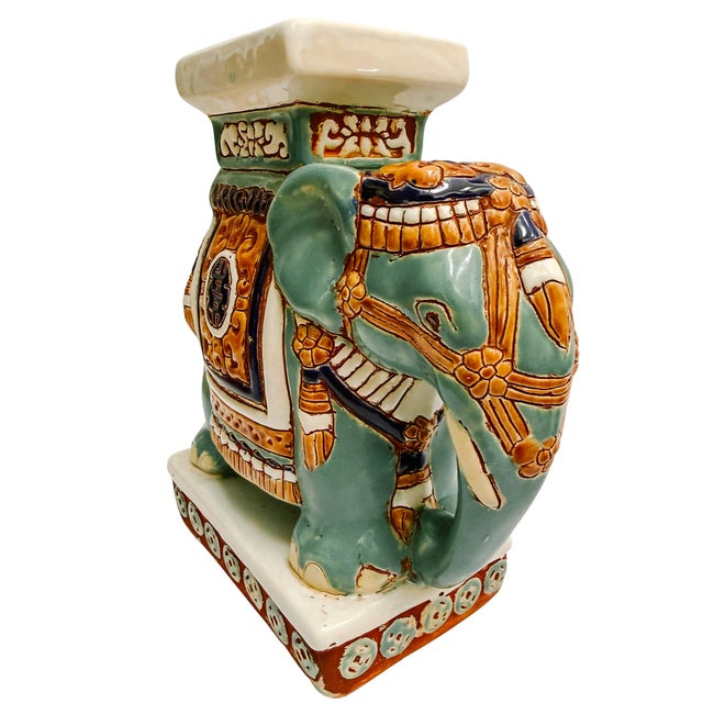 Mid 20th Century Vintage Chinoiserie Celadon & Ochre Ceramic Elephant Glazed Plant Stands / Bookends For Sale - Image 5 of 10