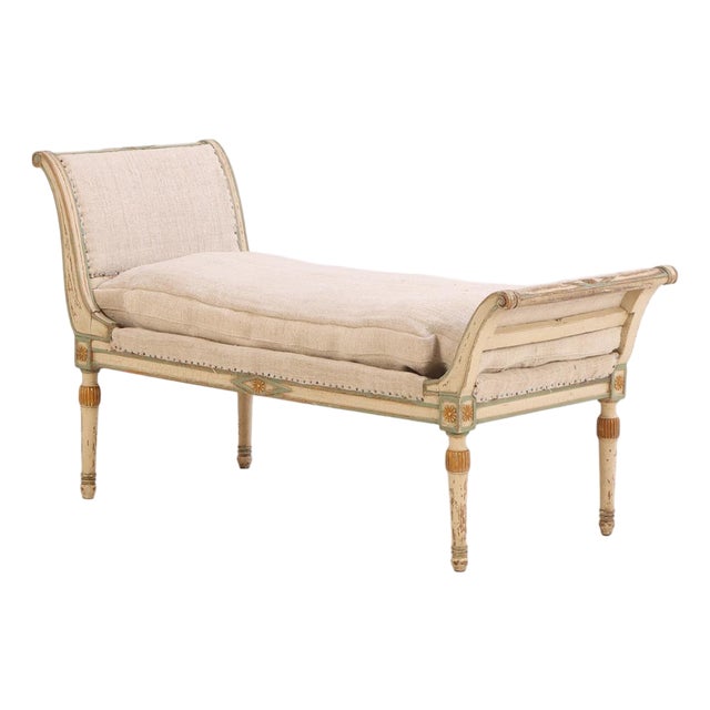 French Directoire Style Painted & Gilt Wood Diminutive Chaise Lounge, C. 1920 For Sale