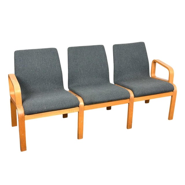 A delightfully simple Scandinavian bentwood Mid Century Modern 3 seat sofa / bench. 3 separate upholstered seats are...