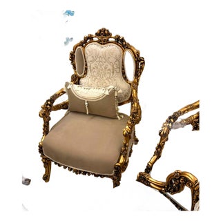 French Louis XV Accent Armchair – Light Brown Velvet Damask Upholstery With Gilded Gold Leaf Frame For Sale