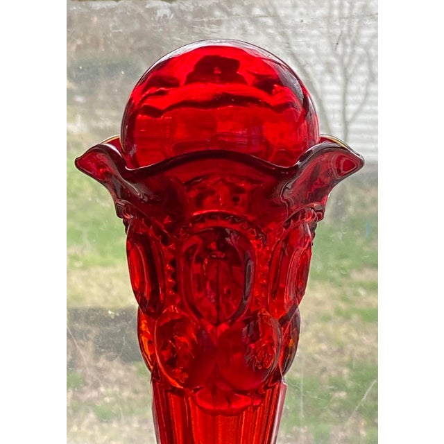 American Vintage Blazing Moon and Stars Pattern Ruby Red & Amberina Pressed Glass Trumpet Bud Vase + Ball Stopper For Sale - Image 3 of 9