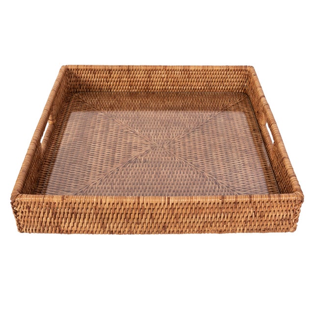 Boho Chic Artifacts Rattan Square Serving Ottoman Trays with Glass Insert in Brown, Medium For Sale - Image 3 of 3
