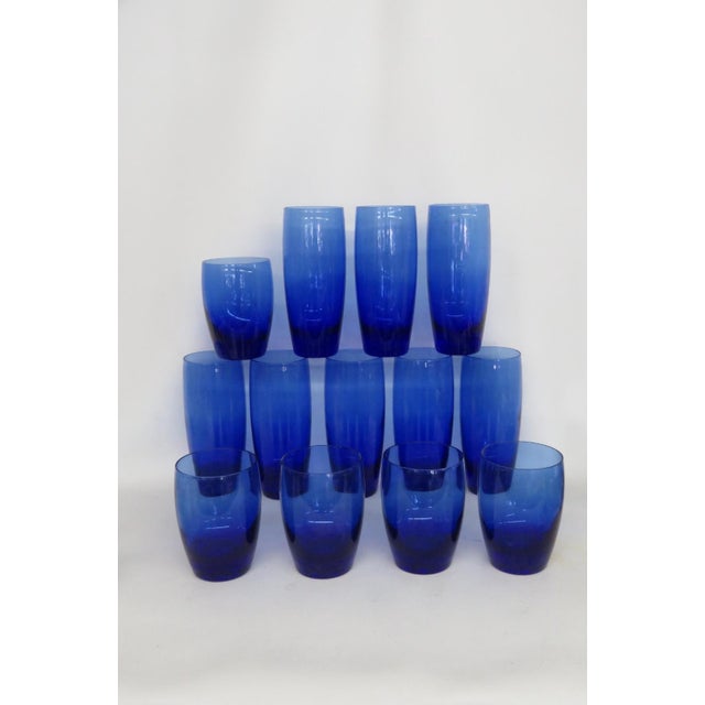 Mid 20th Century Cobalt Blue Glass Tumblers Bar Cups Mid Century Modern Drinkware - Set of 13 For Sale In Miami - Image 6 of 16