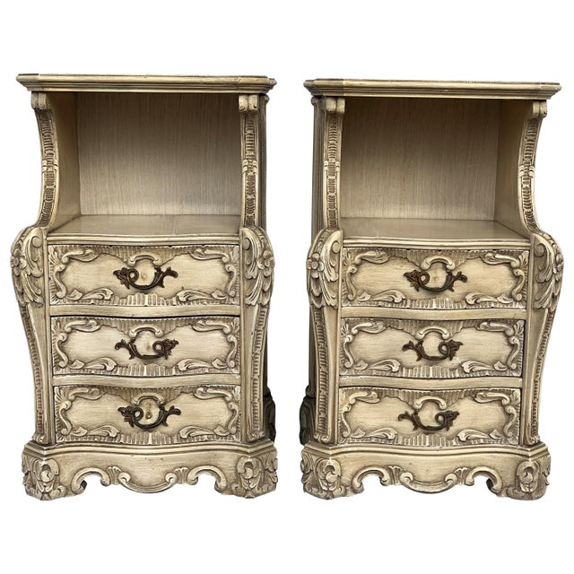 Carved French Rococo Style Pair of Nightstands with Open Shelve, circa 1930s For Sale - Image 9 of 18