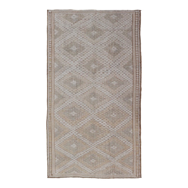 Turkish Kilim Gallery Runner With Ivory and Taupe Geometric Patten 6'4 X 11' For Sale