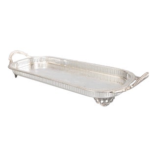 Antique Silver Plate Footed Gallery Serving Tray With Handles For Sale