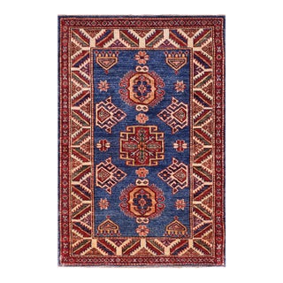 Southwestern Super Kazak Blue/Beige Wool Rug - 2'9'' X 3'8'' For Sale
