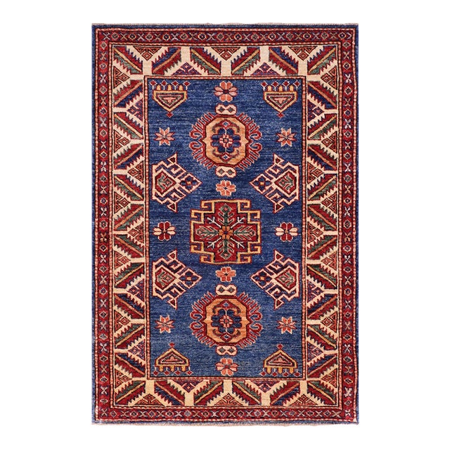 Southwestern Super Kazak Blue/Beige Wool Rug - 2'9'' X 3'8'' For Sale