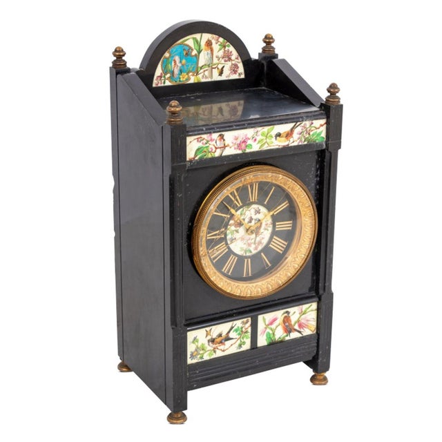 American Aesthetic Movement Black Slate and Porcelain Three Piece Clock Set, circa 1880, each piece decorated with...
