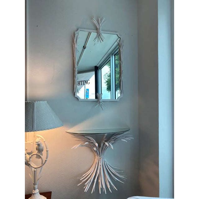 Vintage White Metal Tole Leaf Leaves Wall Mirror & Demi Lune Wall Console Table For Sale - Image 13 of 13