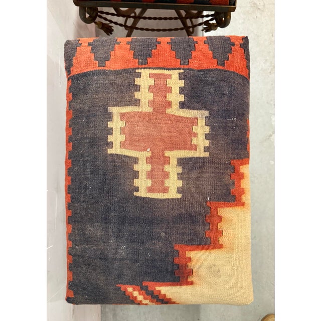 Red Vintage Spanish Revival Wrought Iron Bench Ottoman With Kilim Upholstery For Sale - Image 8 of 12