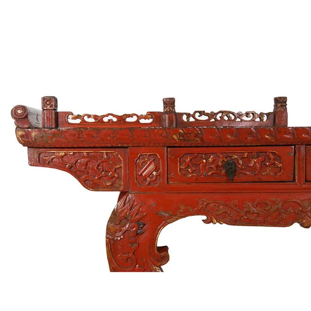 19th Century Antique Chinese Carved Red Lacquered Altar Table/Console For Sale - Image 4 of 13
