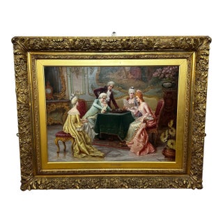Oil Painting a Chess Problem Italian Genre Interior of Chess, Society and Strategy Signed by Carlo Ferranti