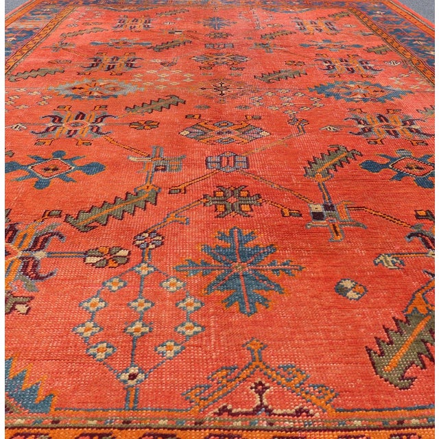 Antique Turkish Oushak Colorful Rug With All-Over Design in Salmon and Blue's 7'9"x12'4" For Sale - Image 4 of 11