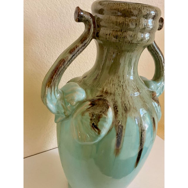 Impressionist Ceramic Glazed Vase With Elephant Trunks as Handles and Writing on the Bottom of Turquois Color Vessel For Sale - Image 3 of 12