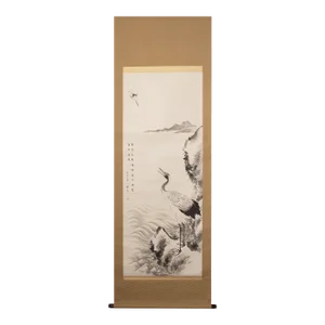 1950s XL Showa Era Japanese Monochrome Watercolor Painting, "Seascape With Red-Crowned Cranes"