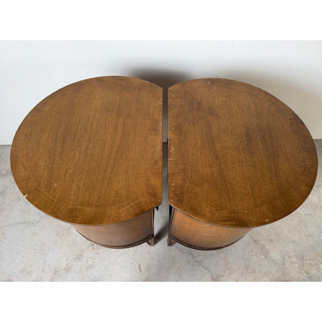 Brown Harold Schwartz for Romweber Demilune Pecan Three-Leg End Tables / Nightstands- A Pair For Sale - Image 8 of 13
