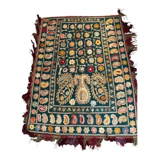 Vintage Uzbek Bukhara Embroidered Horse Blanket, Green Silk Textile, 47” X 56” Central Asian Equestrian Tapestry [Af] For Sale