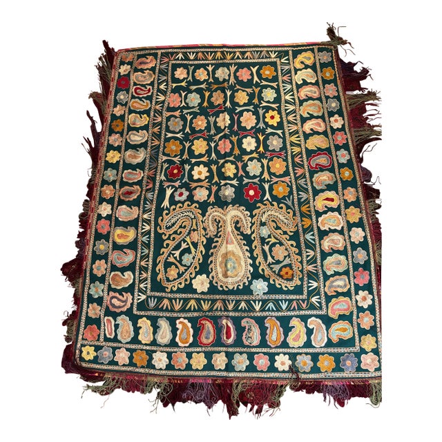 Vintage Uzbek Bukhara Embroidered Horse Blanket, Green Silk Textile, 47” X 56” Central Asian Equestrian Tapestry [Af] For Sale