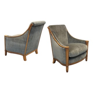 Pair of French Art Deco Carved Maple Upholstered Armchairs/Bergeres For Sale