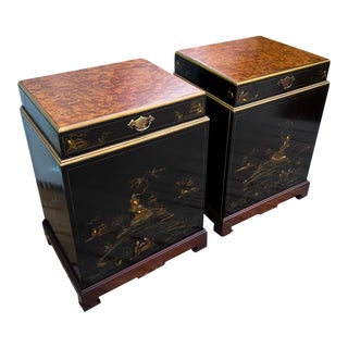 Early 20th Century Art Deco Black Lacquered Hand Painted Chinese Chinoiserie Nightstand With Curly Burl Elm Top, a Pair For Sale