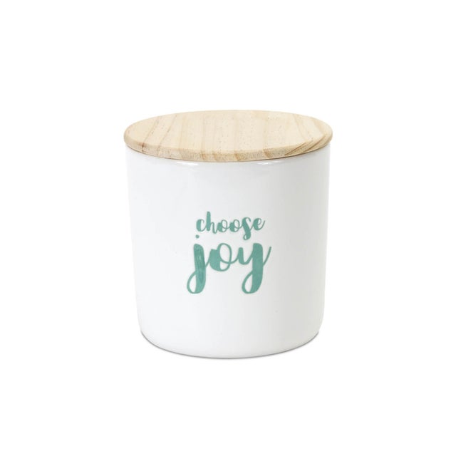 Modern Stoneware Happy Sentiment Canister with Wood Lid (Set of 2) For Sale - Image 3 of 3