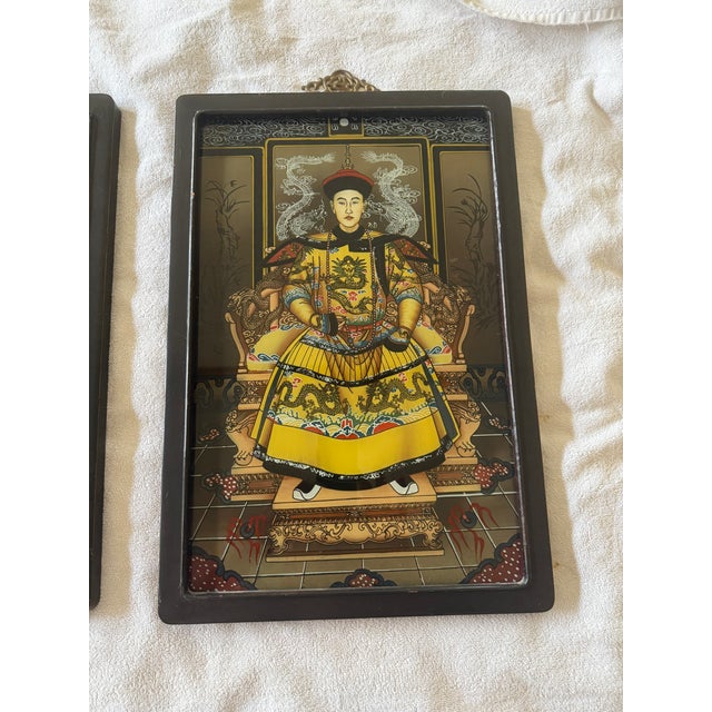 Hollywood Regency 1920s Pair of Chinese Reverse Glass Ancestral Portraits of Emperer and Empress Qing Dynasty For Sale - Image 3 of 15