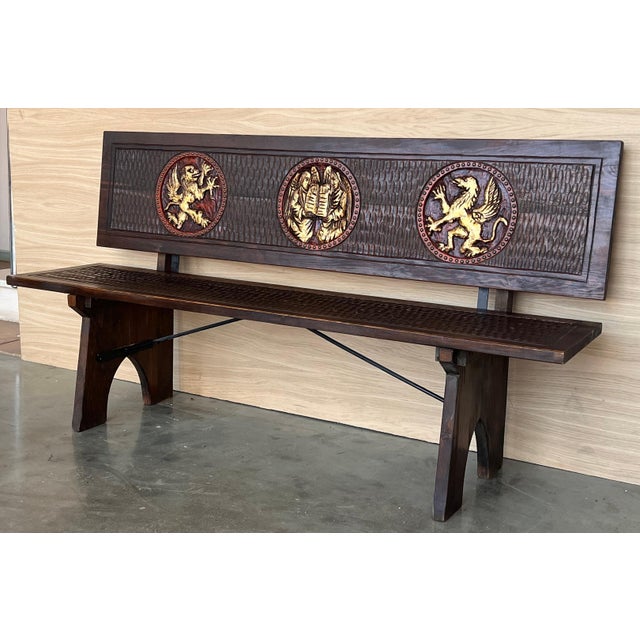 20th Century Spanish Renaissance Carved Walnut Bench Banquette "Escaño" For Sale - Image 4 of 18