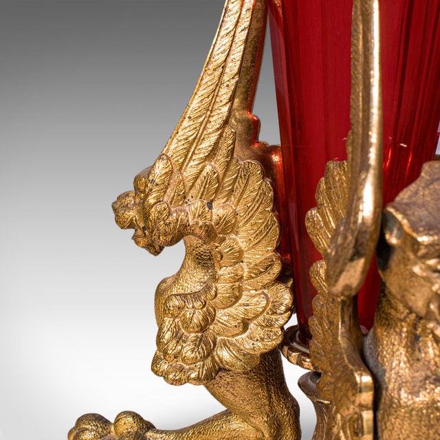 Antique Epergne, French, Gilt Bronze, Cranberry Art Glass, Flower Vase, c.1920 For Sale - Image 11 of 12