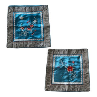 Set 2 Vintage Mid-Century Asian Inspired Embroidered Accent Pillow Covers For Sale