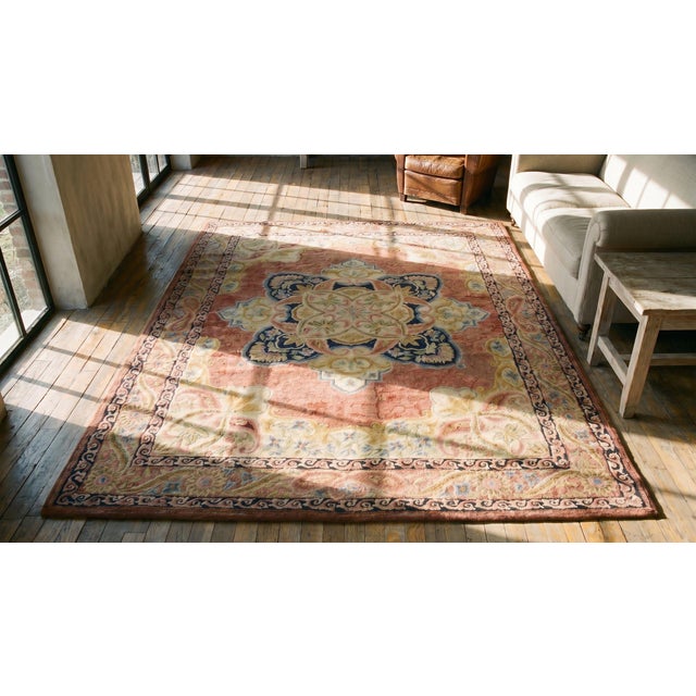 Textile 1920s Salmon Medallion Folk Art Antique American Hooked Rug 6'0" X 8'0" Handknotted Wool Carpet For Sale - Image 7 of 9