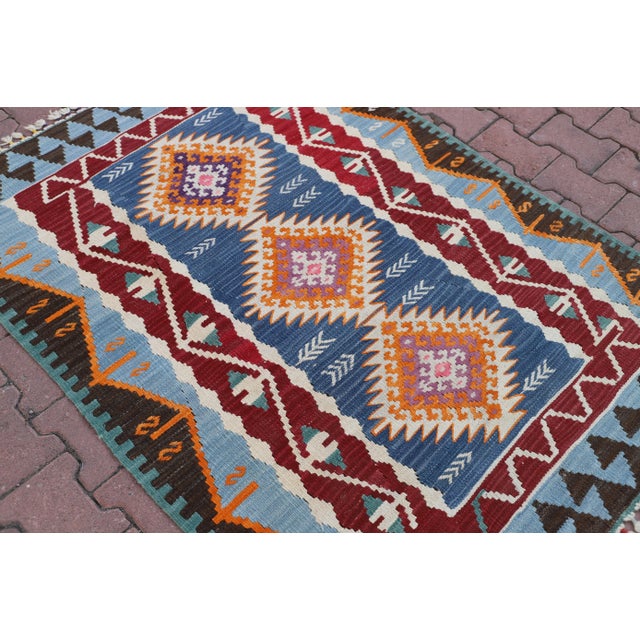 1970s Mid-Century Modern Geometric Blue Kilim Rug For Sale In Sacramento - Image 6 of 10