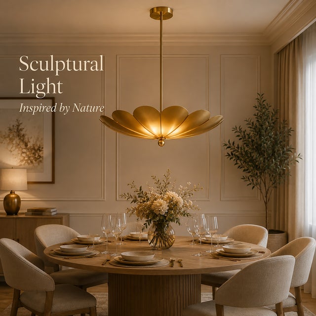 Metal Handcrafted Brass Flower Chandelier, Sculptural Petal Ceiling Light, Antique Finish For Sale - Image 7 of 8