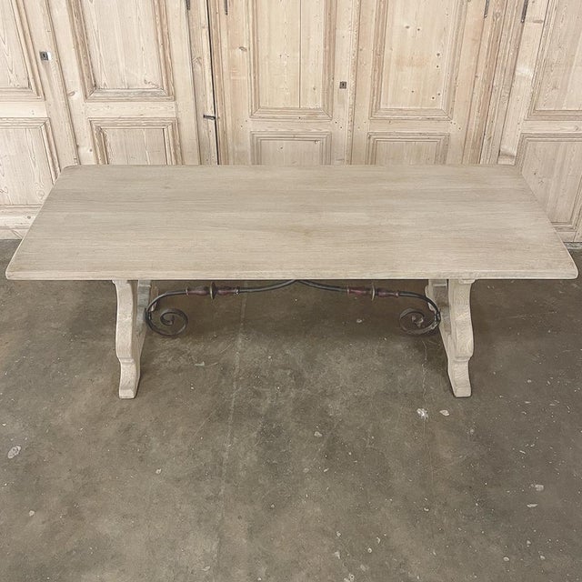 Vintage Spanish Dining Table With Wrought Iron in Solid Stripped Oak For Sale In Dallas - Image 6 of 18