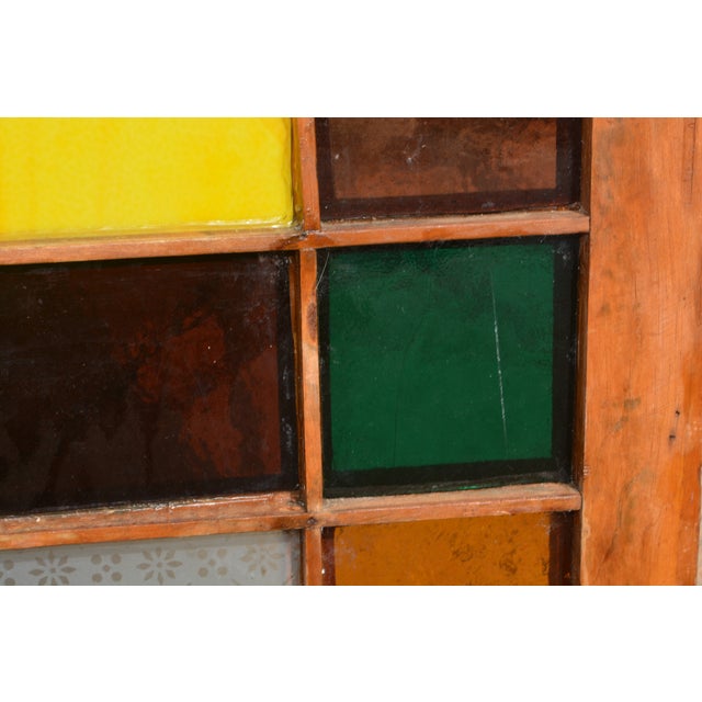 Auburn Art / Stained Glass & Wood Window Panel / Color W/ Yellow & Blue Arches in Center For Sale - Image 8 of 17